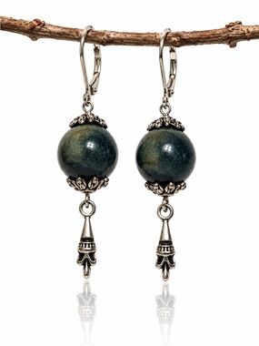 Ceramic Bead Boho Earrings Silver Dangle Leverback Blue Green MTO
